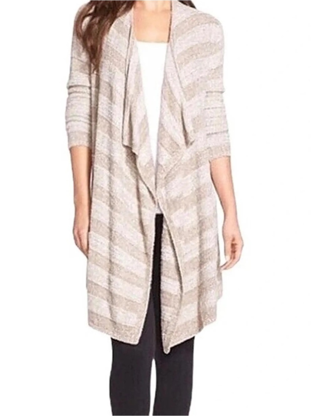 Barefoot Dreams Beige and Cream Striped Drape Cardigan